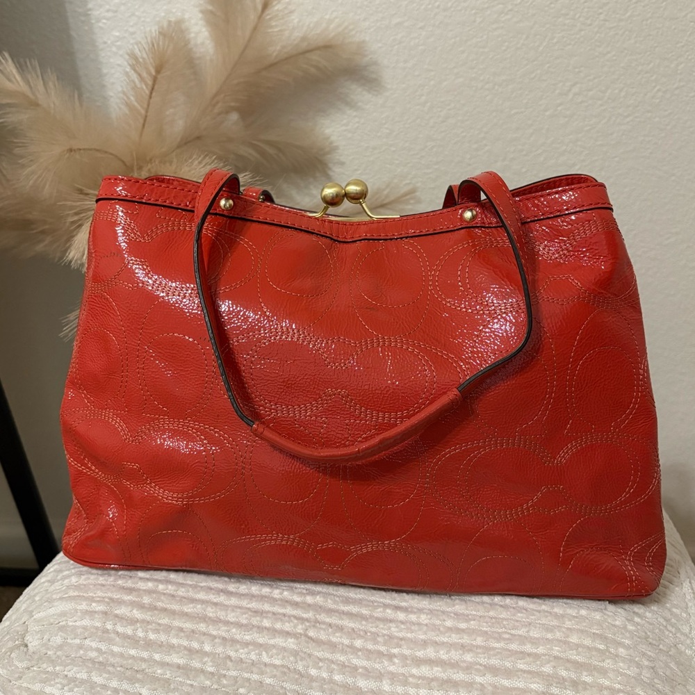 Coach Red Leather Tote with Kisslock and Logo Stitching Design - Picture 2 of 7